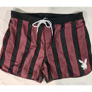 Playboy Swim Trunks by Pacsun‎ Men's XL Red Black Striped Bunny Logo Tie Closure